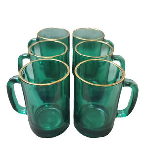 Vintage Mid-Century Mug Glass Adult's 4" Emerald Green & Gold Rim X 6 Cups Retro